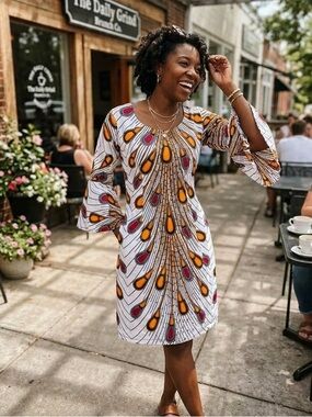 White African Pattern Shift Dress with Bell Sleeves